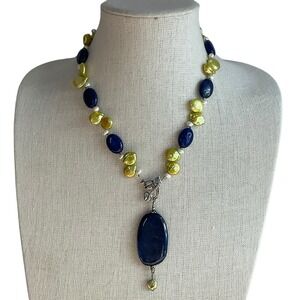 Lapis Lazuli & Coin Pearl Necklace 18" with 2" Pendant Y Drop Artisan Statement